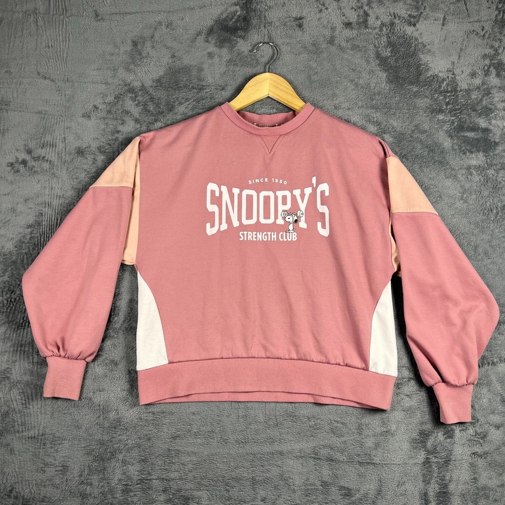 Zara Peanuts Sweatshirt Girls 13-14 Pink V Insert Snoopy Strength Club Graphic